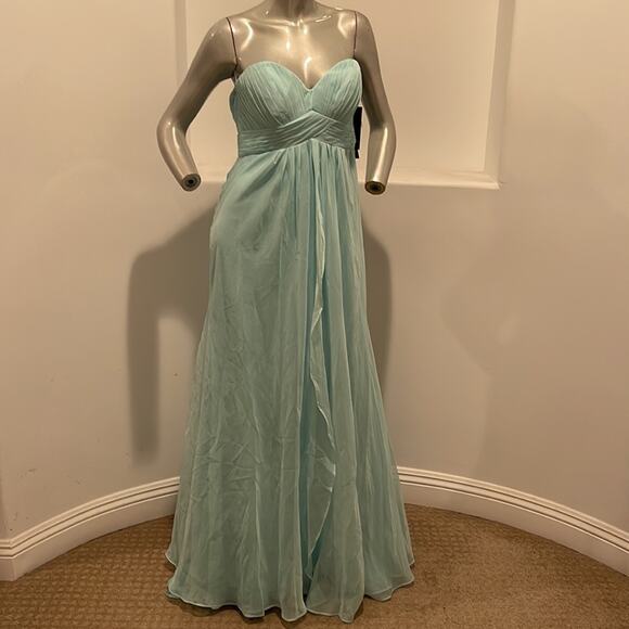 Amelia Couture Strapless Chiffon Gown Train Detail Blue Size 10 - Picture 9 of 14